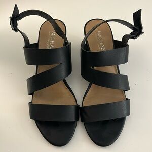 MICHAEL SHANNON Black Leather Wedge Strap Sandals size 8.5 US